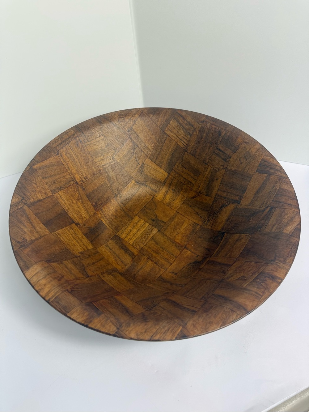 Weavewood Inc. Minneapolis Brown Parquet Wooden 14” Vintage Serving Bowl